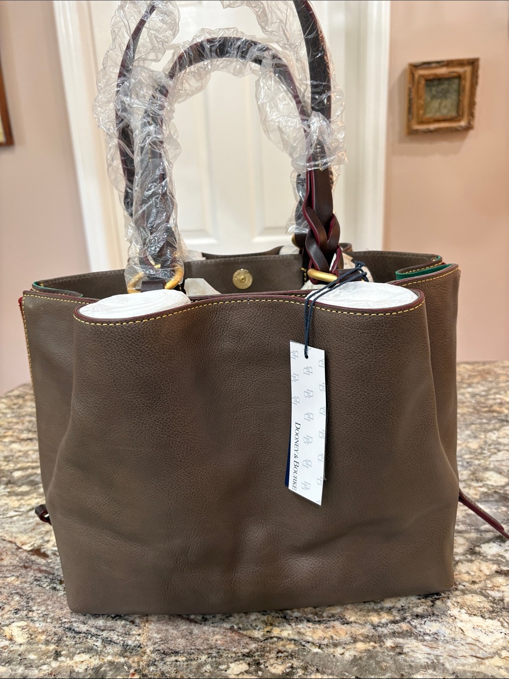 NWT Dooney & Bourke Florentine Leather Large Zip Barlow Satchel in Elephant - Picture 4 of 9